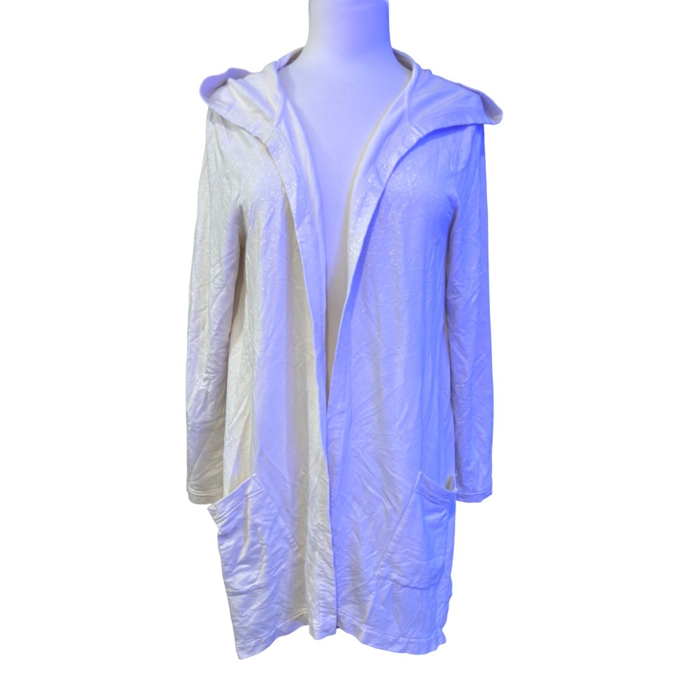 Tommy Bahama Cardigan Women Large White Excellent Metallic Shimmer Hooded Open